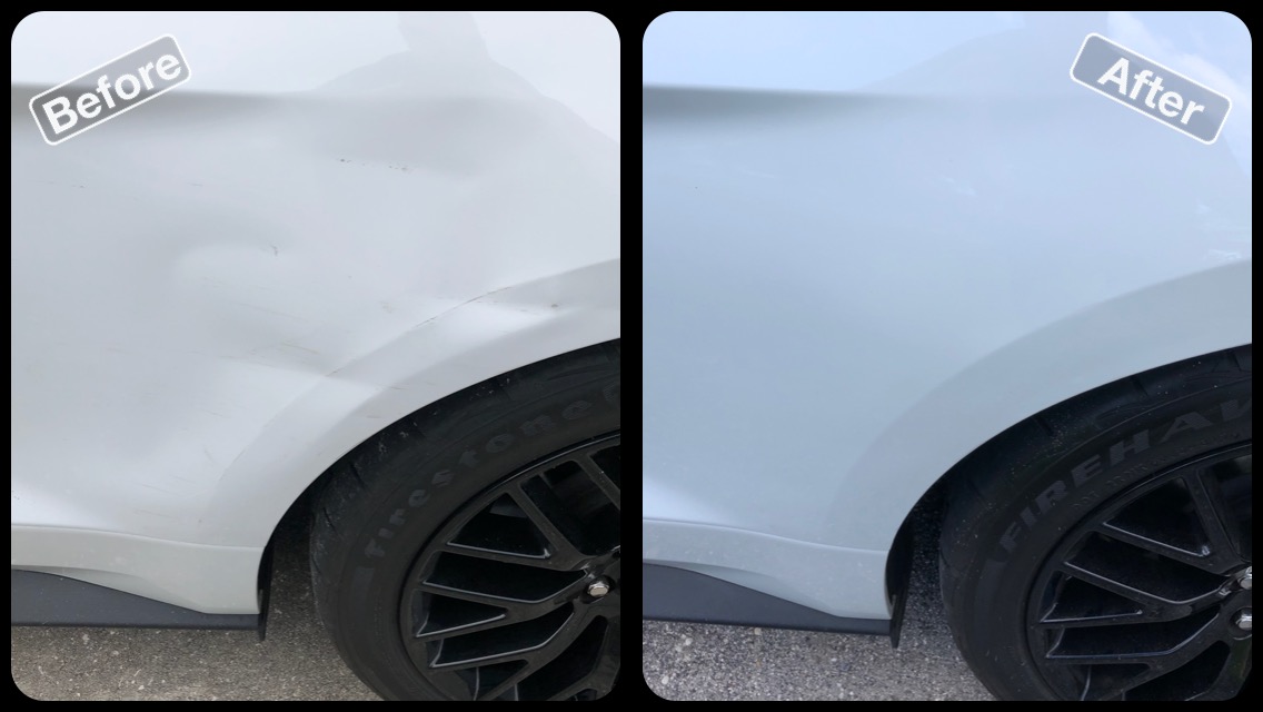 Right Quarter Panel of a 2016 Mustang GT. It got into a fight with a shopping cart and lost. We were able to save this customer thousands and save it from the paint gun. 